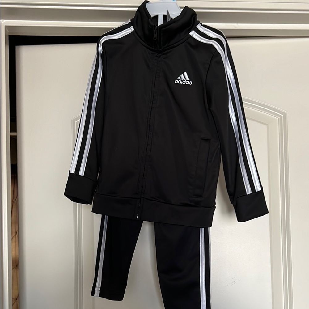 EUC—Adidas Toddler Black Tracksuit with White Stripes